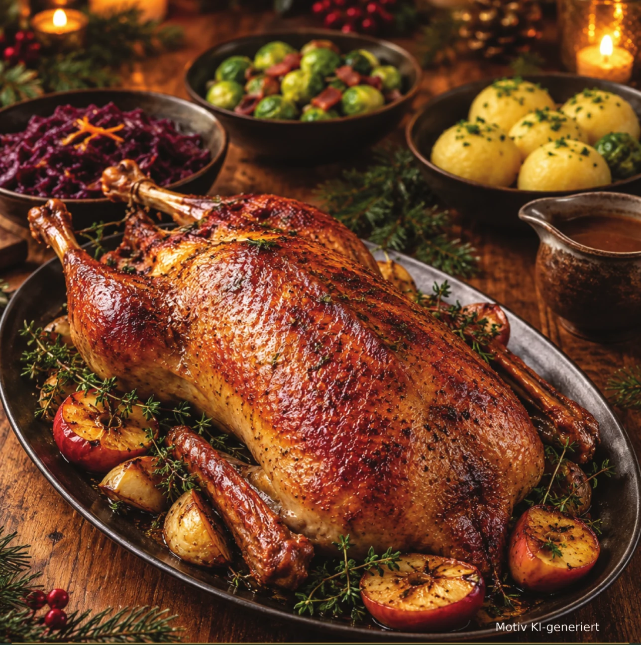 KI-generiertes Bildmotiv des Gänsetaxis 2026: Gänsebraten mit Rotkohl, Rosenkohl und Kartoffelklößen