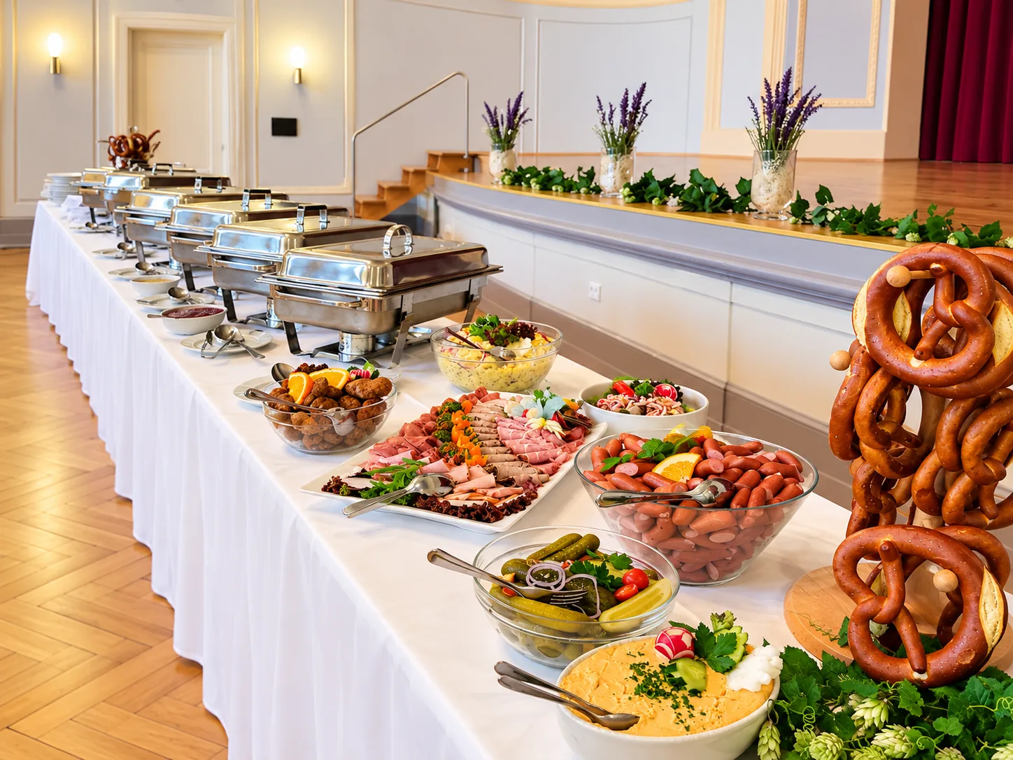 Reichhaltiges Buffet mit verschiedenen Speisen für eine Veranstaltung
