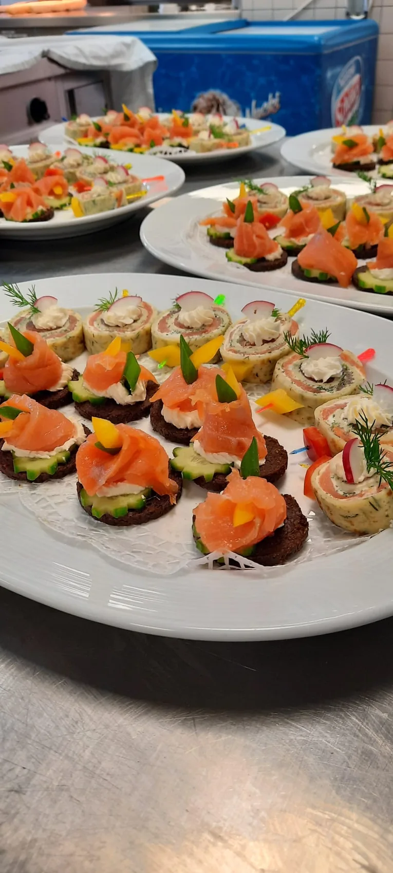 Appetitliches Fingerfood mit Lachs und frischem Gemüse